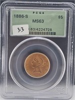 1886-S $5 Gold Coin PCGS MS 63