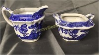 Old Blue willow cream and sugar missing lid