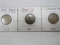 3 Old 1st Year Mound Type 1913 Buffalo Nickels