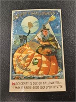 Antique Happy Halloween Witch on Water Postcard-