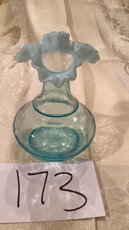 Fenton Art Glass Blue Opalescent Ruffled Vase 6in