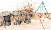 (4) Plastic Outdoor Planters & Sprinkler