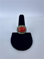 Sterling Red Coral & Diopside Ring