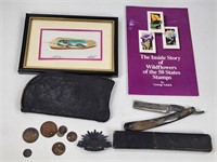 PAINTED FEATHER, STRAIGHT RAZOR, COINS, BADGE +