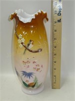 Enameled Cased Glass Vict. Vase w/ Bird
