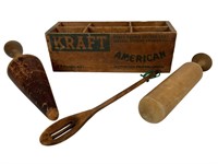 Vintage Cheese Box, Pestles & Wooden Spoon
