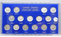 (15)  WW II VG to "Fine" US Mercury Dimes in Case.