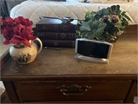 Decor, fake flowers and clock, picher, books box,