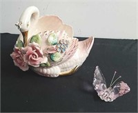 Pink Crystal butterfly and vintage Swan planter