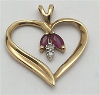 10k Gold, Ruby & Diamond Heart Pendant