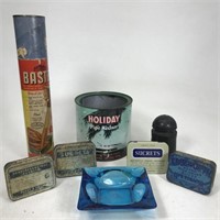 Vintage tins + blue ashtray box lot