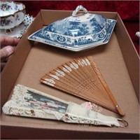 Vintage hand fans and Serving dish
