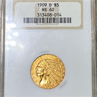 1909-D $5 Gold Half Eagle NGC - MS60