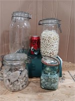 Mason jars some filled w beads, Indian beads,