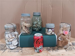 Ball Mason jars, ATLAS with contents.  Buttons,