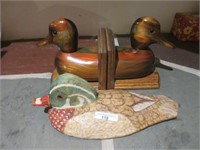 HAND CARVED DECOY & BOOK ENDS