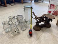 6 Glass Jars and Antique Scale