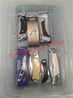 Job lot of pocket knives and plastic container