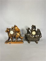 (2) Cast Iron Clocks Dog and Sailing Ship