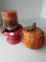 Candle, Candleholder & Pumpkin Themed Basket