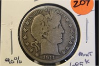 1911-D Barber Silver Half Dollar