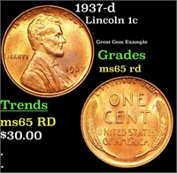 1937-d Lincoln Cent 1c Grades GEM Unc RD