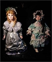 Porcelain doll with blonde ringlet hair, green