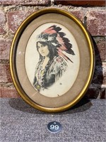 Indian Maiden Colored Lithograph in Oval Frame