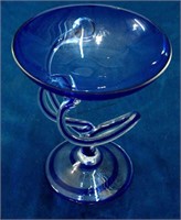 Polish Glass Blue & White Swirl Compote