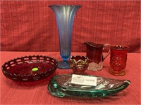 6 unmatched art glass items. Blue luster vase,