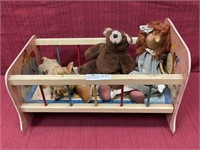 Group of toys. Doll cradle, wind up lion Marx co.