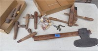 Broad ax, barrel bongs, wood screw clamp, corks