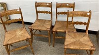 Set of 4 burl wood dining chairs with woven