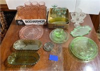 Green depression glass, vintage pink glass, and