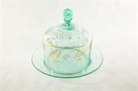 Green Glass Dome Cheese Dish w Gold Highlights