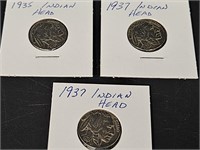 3- Indian Head Buffalo Nickles 1935 & 2- 1937