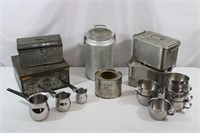 16 Vtg. Tin Lunch Box, Tea Tins, Milk Pail, Mugs+