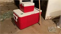 2 red Coleman coolers