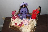 Dolls: (4) w/ Crochet Dresses & (1) w/ Straw Hat