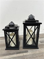 2 black metal & glass lanterns with flickering