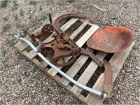 ANTIQUE HAND DRILL, TRACTOR SEAT, PLOW SHANK