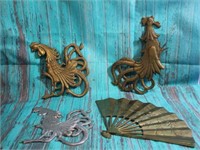 Lot of Vintage Cast or Metal Roosters and Fan