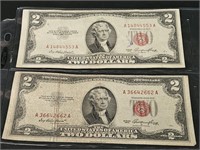 2- 1952 Red Seal $2 Dollar Bills