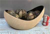 Egg shaped ceramic bowl w/ ornate balls