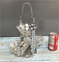 Vtg. relish bowls in stainless steel caddy