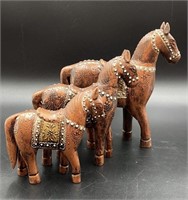 3 Indian Hand Carved Horses