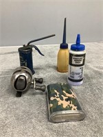 2 Oil Cans, Zebco Reel, Camo Flask, More