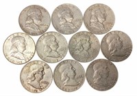 (10) 1962 Benjamin Franklin Silver Half Dollars