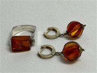 Amber & Silver Ring & Earrings Poland