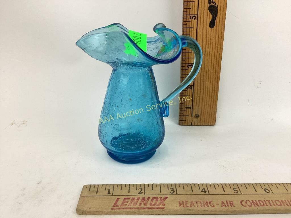 Mid century blue crackle glass small pitcher